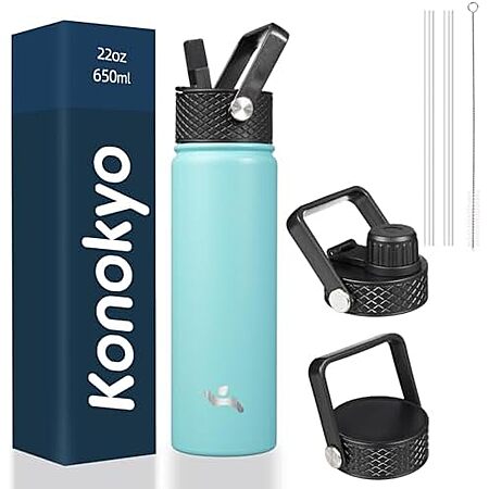 22oz Konokyo Insulated Stainless Steel Water Bottle with Straw & 3 Lids (Turqouise)