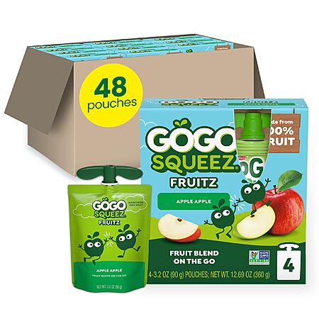 [S&S] $23.37: GoGo squeeZ No Sugar Added Applesauce and Fruit Puree, Apple Apple, 3.2 oz Pouches (Pack of 48)