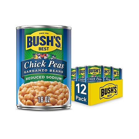 BUSH'S BEST 16 oz Reduced Sodium Garbanzo Beans, Source of Plant Based Protein and Fiber, Low Fat, Gluten Free, (Pack of 12)~$10.92 After Coupon & S&S @ Amazon