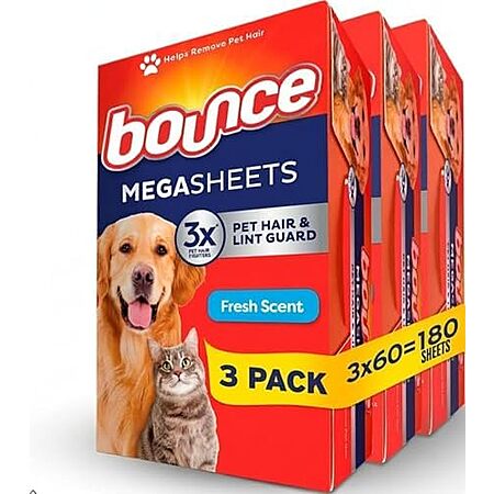 4 × 180-Count Bounce Pet Hair and Lint Guard Mega Fabric Softener Dryer Sheets (Fresh) ($6.90 each)
