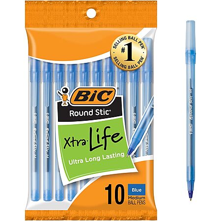 10-Count BIC Round Stic Xtra Life Medium Point Ball Pens (Blue, 1.0mm) $0.94 w/ S&S + Free Shipping w/ Prime or on orders over $35