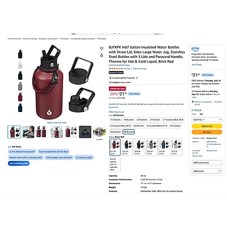 BJPKPK Half Gallon Insulated Water Bottles with Straw Lid, 64oz Large Water Jug, Stainless Steel Bottles with 3 Lids and Paracord Handle,  $21.49