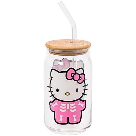 16-Oz Silver Buffalo Sanrio Hello Kitty Halloween Spooky Skeleton Glass Jar Tumbler w/ Bamboo Lid & Glass Straw