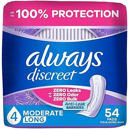 54ct Always Discreet Adult Incontinence Pads for Women, Drier, 4 Drop Long Length