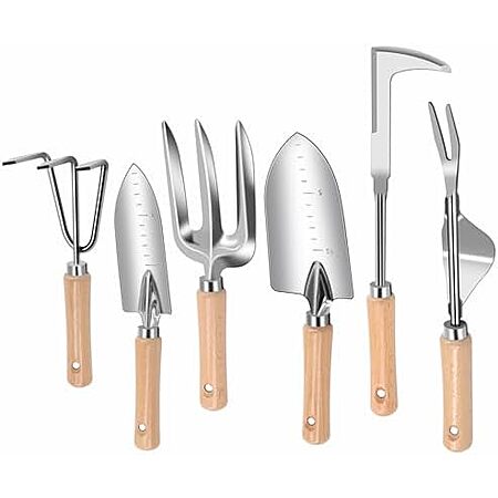 6-Pc DWFKHT Stainless Steel Garden Weeding Tools w/ Ergonomic Wooden Handle